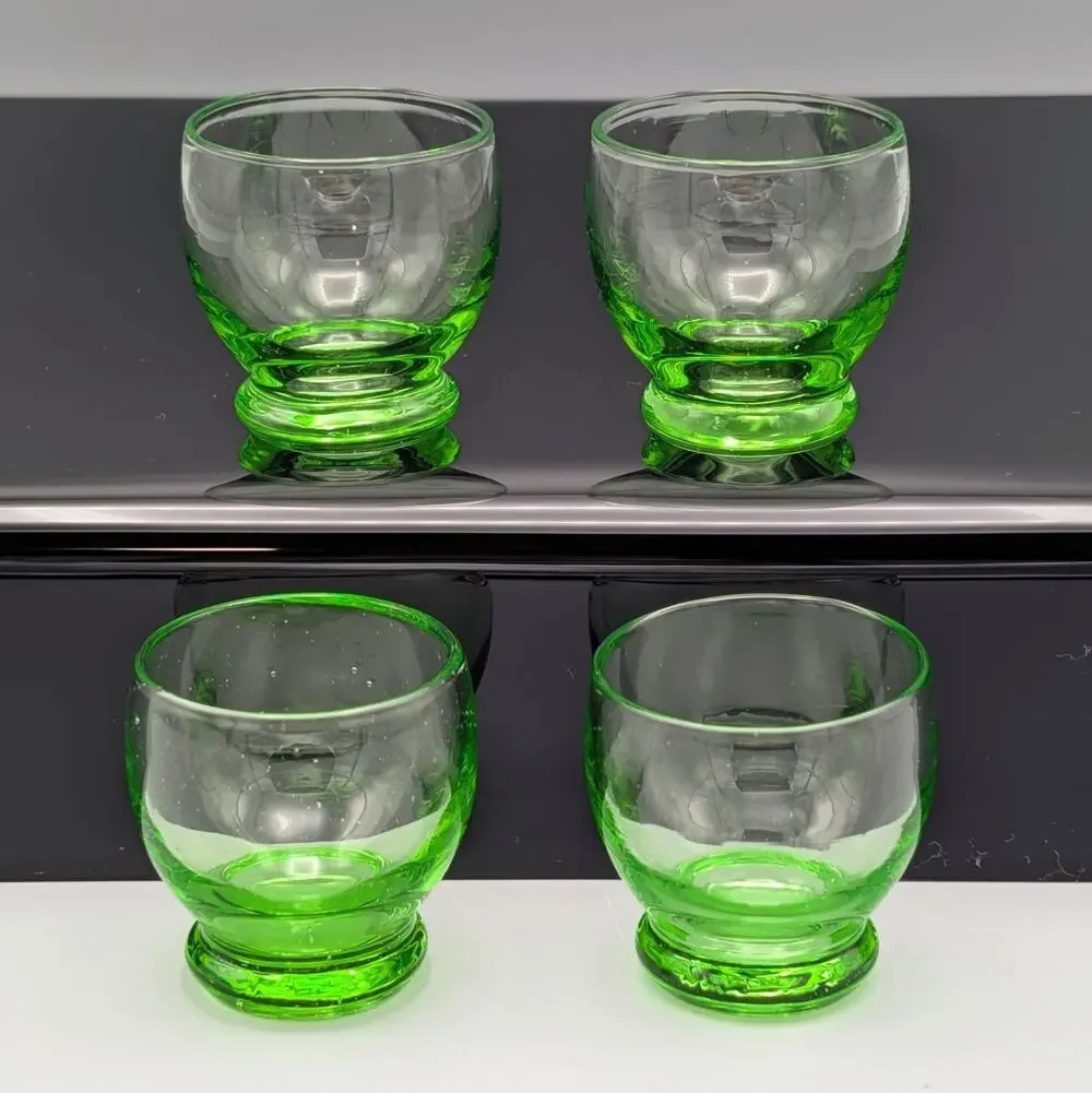 Set of 4 Vintage Green Glass Footed Shot Glasses / Cordials